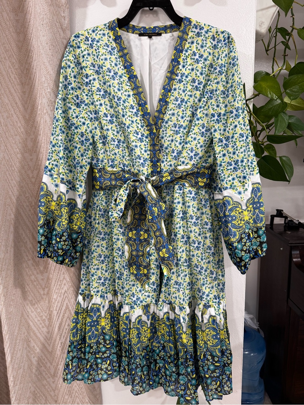 Kobi Halperin Blue and Yellow Floral Tiered Wrap Dress with Waist Tie